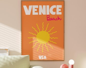 Plakat z motywem plaży Venice Beach, retro letni plakat podróżniczy (do pobrania cyfrowego)
