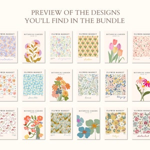 Flower Market Print Set of 100 Flower Gallery Wall Set, Trendy Floral Posters, Colorful Art Print Bundle, Botanical Art Set,Digital Download image 4