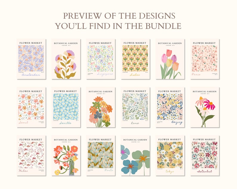 Flower Market Print Set of 100 Flower Gallery Wall Set, Trendy Floral Posters, Colorful Art Print Bundle, Botanical Art Set,Digital Download image 4