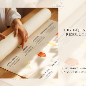 May include: A white poster with illustrations of cocktails and their names, including Dirty Martini, Mojito, Daiquiri, Aperol Spritz, and Dry Martini. The poster is rolled up and being held by a hand. The text "HIGH-QUALITY RESOLUTION" and "JUST PRINT AND ENJOY ON YOUR BAR WALL!" is visible on the poster.