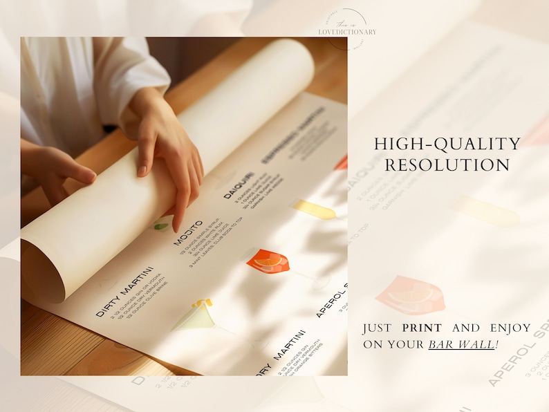 May include: A white poster with illustrations of cocktails and their names, including Dirty Martini, Mojito, Daiquiri, Aperol Spritz, and Dry Martini. The poster is rolled up and being held by a hand. The text "HIGH-QUALITY RESOLUTION" and "JUST PRINT AND ENJOY ON YOUR BAR WALL!" is visible on the poster.
