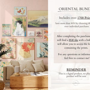 May include: A living room interior with a light pink wall and a beige sofa. The wall is decorated with a collection of Japanese-style prints, including a woman in a kimono, a mountain landscape, and floral designs. The text "ORIENTAL BUNDLE" is visible on the right side of the image, along with the text "Includes over 1700 Prints".