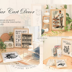 May include: A bar cart decorated with framed prints, including one that says "This bar is for dancing" and another that says "Give it your best shot".