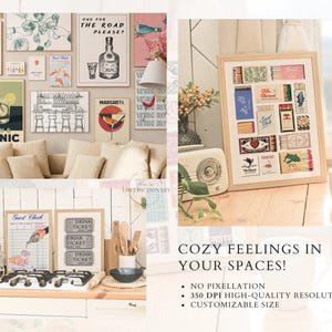 May include: A collection of printable wall art featuring vintage-inspired designs. The prints include illustrations of cocktails, matchbooks, and a bar scene. The text on the prints includes "Gin & Tonic", "One for the Road Please?", "Margarita", and "Guest Check".