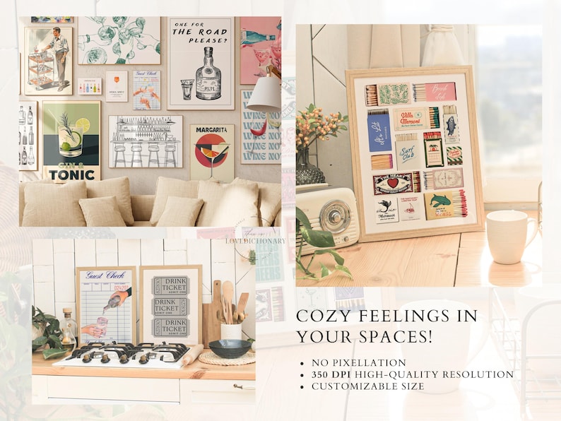 May include: A collection of printable wall art featuring vintage-inspired designs. The prints include illustrations of cocktails, matchbooks, and a bar scene. The text on the prints includes "Gin & Tonic", "One for the Road Please?", "Margarita", and "Guest Check".