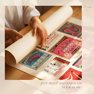 May include: A printable sheet of vintage matchbox labels featuring various designs, including a lobster, a group of people riding a bicycle, and a cowboy girl. The text on the labels includes "Safety Matches", "Let's Drink and Gossip Together", "Best Matches", "Made in Japan", and "Cowgirl Cocktails".