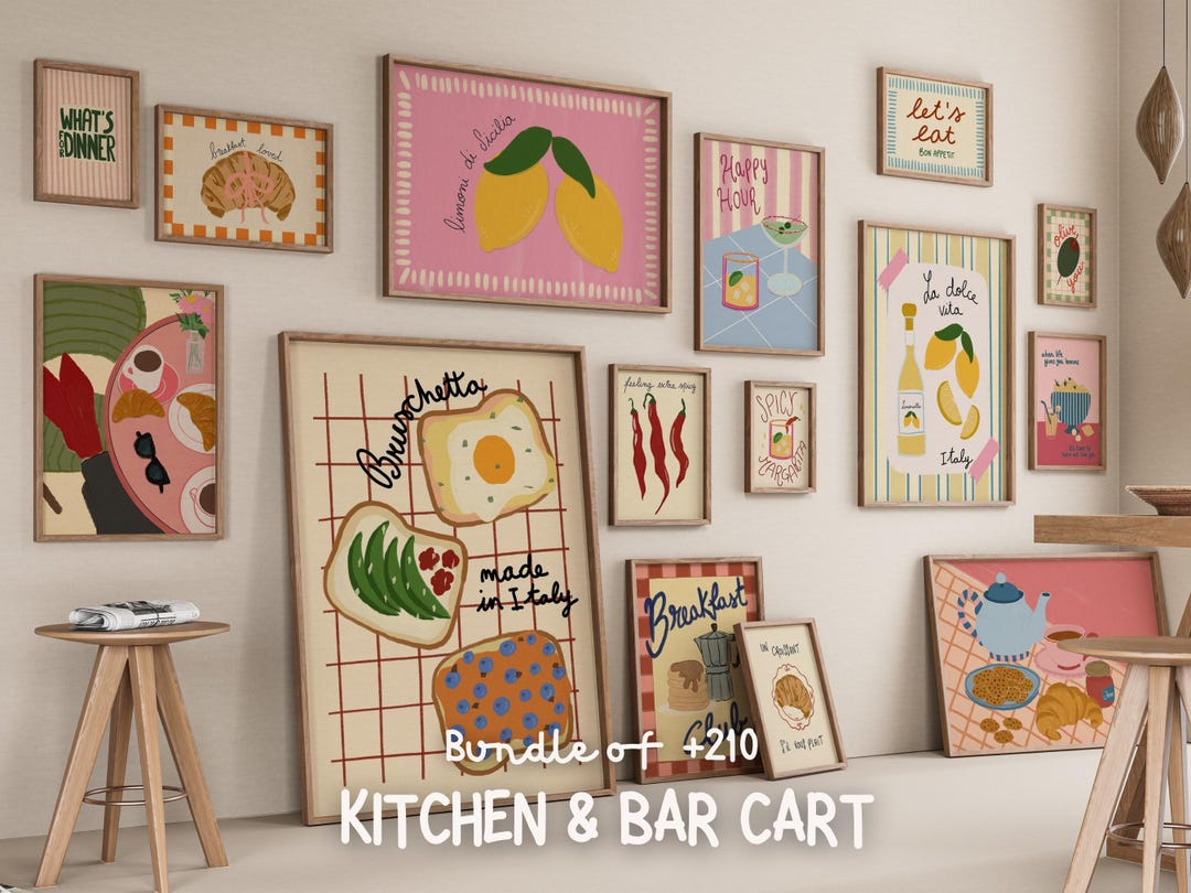 Kitchen Wall Art Bundle, 210 Retro Food Prints, Bar Cart Decor Set ...