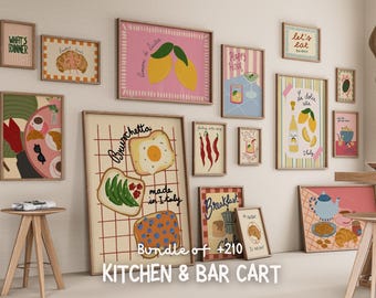 Kitchen Wall Art Bundle, 210 Retro Food Prints, Bar Cart Decor Set, Coffee Bar Art, Printable Kitchen Posters, Dining Room Artwork