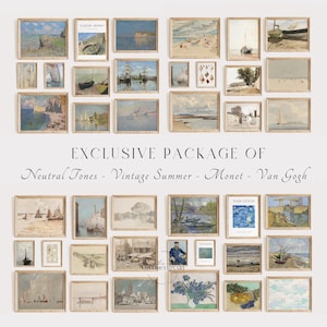 Puede incluir: Una colecci&oacute;n de 24 estampas enmarcadas con pinturas de Claude Monet y Vincent van Gogh. Las estampas est&aacute;n dispuestas en una cuadr&iacute;cula en una pared blanca. Las estampas representan diversos paisajes, marinas y naturalezas muertas. Las estampas son todas en tonos neutros y presentan una est&eacute;tica de verano vintage.