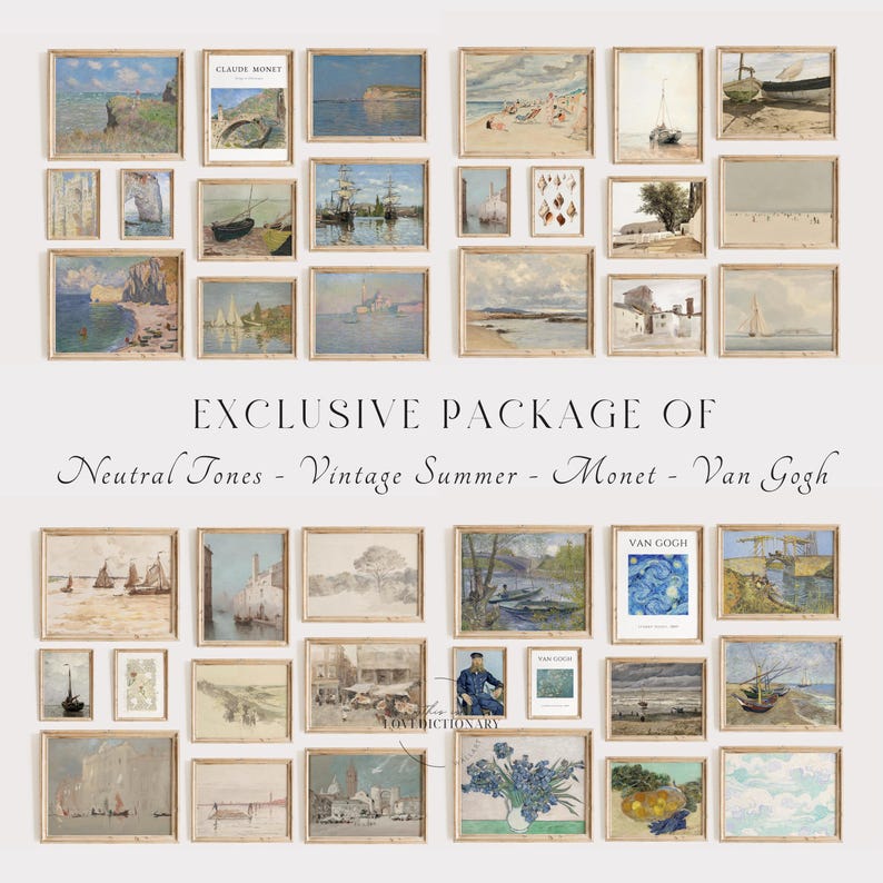 Puede incluir: Una colecci&oacute;n de 24 estampas enmarcadas con pinturas de Claude Monet y Vincent van Gogh. Las estampas est&aacute;n dispuestas en una cuadr&iacute;cula en una pared blanca. Las estampas representan diversos paisajes, marinas y naturalezas muertas. Las estampas son todas en tonos neutros y presentan una est&eacute;tica de verano vintage.