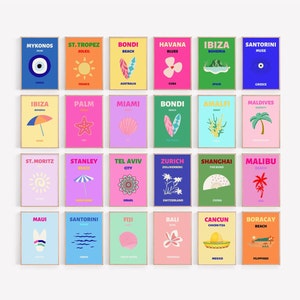 Preppy Room Decor Travel Poster Bundle-Set von 24, Wandcollage-Set, Maximalist-Dekor, trendige Wohnheimraumdrucke, Bali Ibiza Capri Bondi Palme