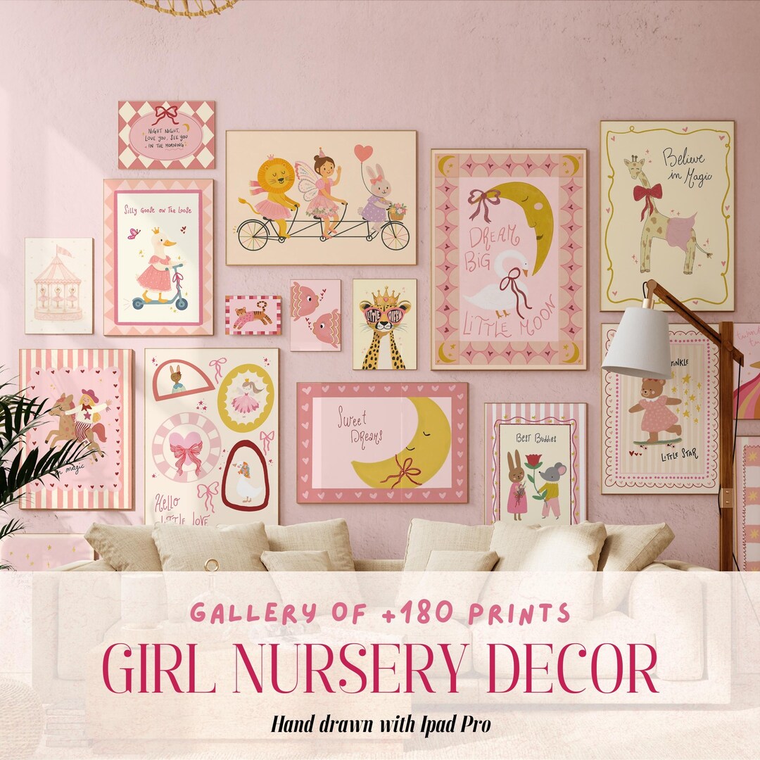 Girl Nursery Wall Art Bundle, Pink Nursery Prints Set, Baby Girl Room ...