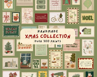 May include: A collection of vintage-style Christmas prints with various festive designs. The prints feature holiday-themed text, illustrations of trees, ornaments, and Santa Claus. The collection is labeled "Handmade Xmas Collection" with over 300 prints.