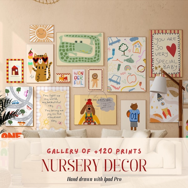 Bundle of 120 Nursery Prints, Kids Room Wall Art, Kids Bedroom Print, Playful Animal Prints, Eclectic Nursery Wall Art, Affirmation Kids