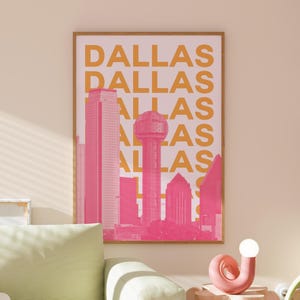 Dallas Travel Print | Digital Art Download | Pink Blue Dallas Art | Trendy Travel Exhibition Print | Cute Retro Wall Art