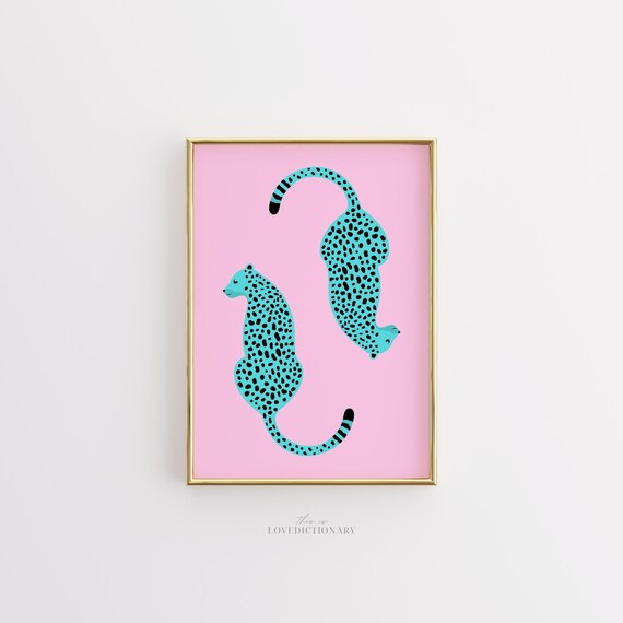 Pink Blue Leopard Poster Print, Cheetah Wall Art, Trendy Wall Art, Preppy Room Decor, Maximalist Decor, Printable Boho Wall Art, Boho Deco