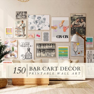 150 Bar Cart Prints Bundle, Bar Cart Wall Decor, Cocktail Posters, Bar Cart Accessories, Gallery wall set, Aesthetic Posters, Alcohol Print
