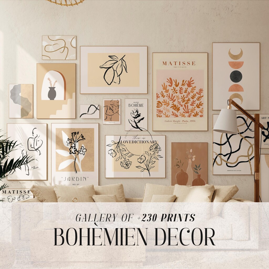 Set 4 Decorazioni Parete Bohémien | Pechpell Quadri Metallici Con Sole E Foglie – Arte Geometrica Arancione Per Soggiorno, Camera, 25x25 Cm