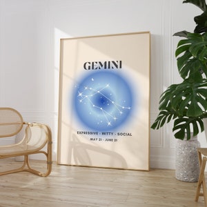 Znak zodiaku BLIŹNIĘTA do pobrania natychmiast, wydruk do wydrukowania, sztuka zodiaku, duchowa sztuka ścienna, plakat z gradientem aury, POBIERANIE CYFROWE.