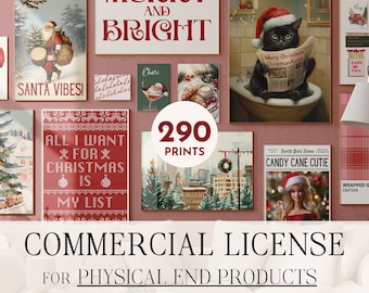 May include: A collection of 290 printable Christmas-themed digital art prints. The prints feature a variety of designs, including a cat reading a newspaper, a Santa Claus, a Christmas tree, and a cityscape. The text "MERRY AND BRIGHT" is featured in a red font on a white background. The text "COMMERCIAL LICENSE FOR PHYSICAL END PRODUCTS" is featured in a black font on a white background. The text "Category: Trendy Christmas" is featured in a black font on a white background.