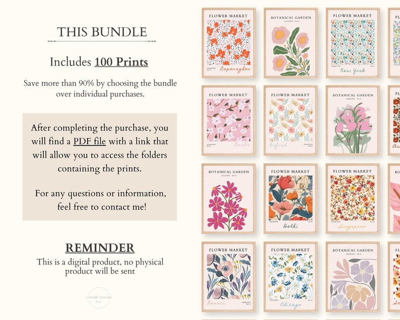 Flower Market Print Set of 100 Flower Gallery Wall Set, Trendy Floral Posters, Colorful Art Print Bundle, Botanical Art Set,Digital Download image 10