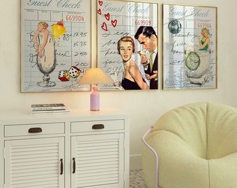 Set of 3 Retro Guest Check Drink Prints Bar Cart decor-College Apartment Decor-Retro Magazine Art Prints-Dorm Wall Art, digital download