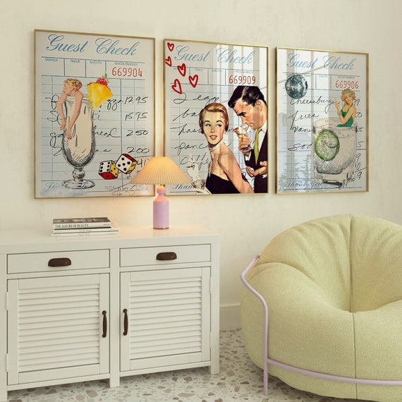 Set of 3 Retro Guest Check Drink Prints Bar Cart decor-College Apartment Decor-Retro Magazine Art Prints-Dorm Wall Art, digital download