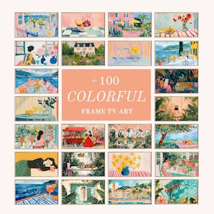 Puede incluir: Un collage de 25 pinturas coloridas que representan diferentes escenas, incluyendo paisajes, bodegones y personas. Las pinturas están enmarcadas en un marco de madera claro. El texto " + 100 COLORFUL FRAME TV ART" se muestra en el centro del collage.
