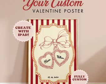 Op de afbeelding: Aangepaste Valentijnsdag poster met een crèmekleurige achtergrond en rode verticale strepen. De poster toont een hartvormig medaillon met de namen "Olivia" en "William" en de datum 02.14.2020. De tekst bovenaan luidt "Your Custom Valentine Poster".