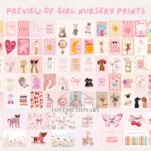 May include: A collection of 36 printable nursery art prints featuring a variety of designs in pink, white, and black. The prints feature animals, flowers, geometric shapes, and text. The prints are perfect for decorating a nursery or child's room.