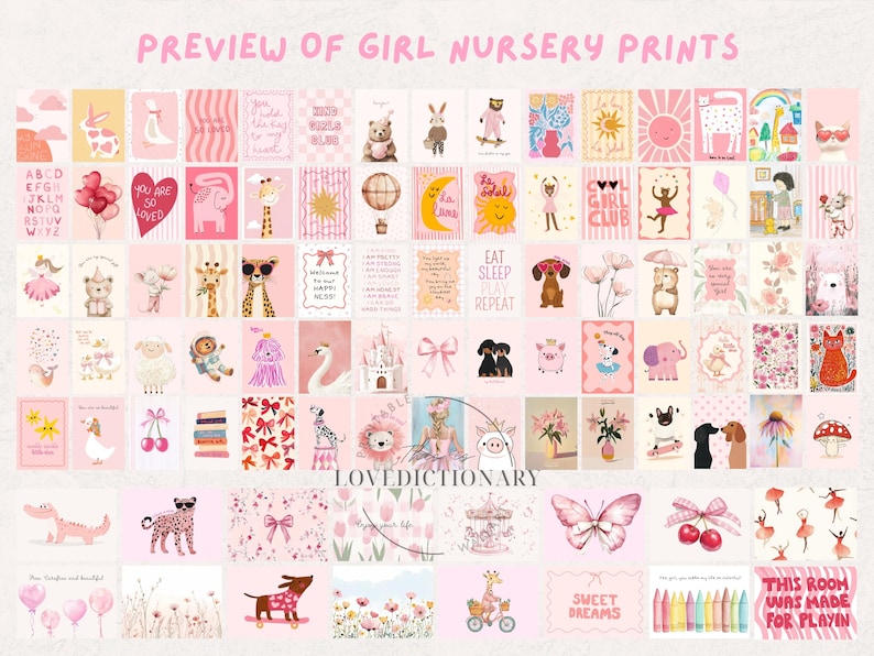 May include: A collection of 36 printable nursery art prints featuring a variety of designs in pink, white, and black. The prints feature animals, flowers, geometric shapes, and text. The prints are perfect for decorating a nursery or child's room.