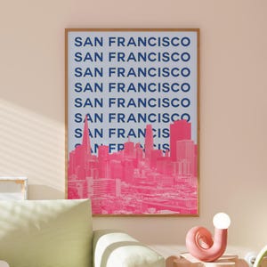 San Francisco Travel Print | Digital Art Download | Pink Blue San Francisco Art | Trendy Travel Exhibition Print | Cute Retro Wall Art