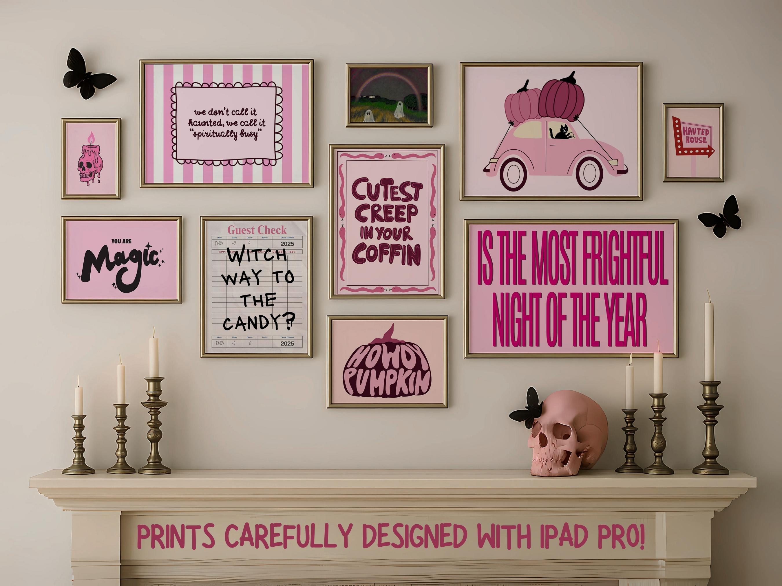 ピンクのハロウィンウォールアート120枚セット、プレッピーな不気味な