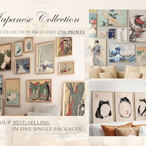 May include: A collection of framed Japanese art prints featuring various subjects, including landscapes, animals, and people. The prints are displayed on a white wall with a beige couch in the background. The text "Japanese Collection" and "This collection included 1700 prints" is visible at the top of the image. The text "All our best-selling in one single packages!" is visible at the bottom of the image.