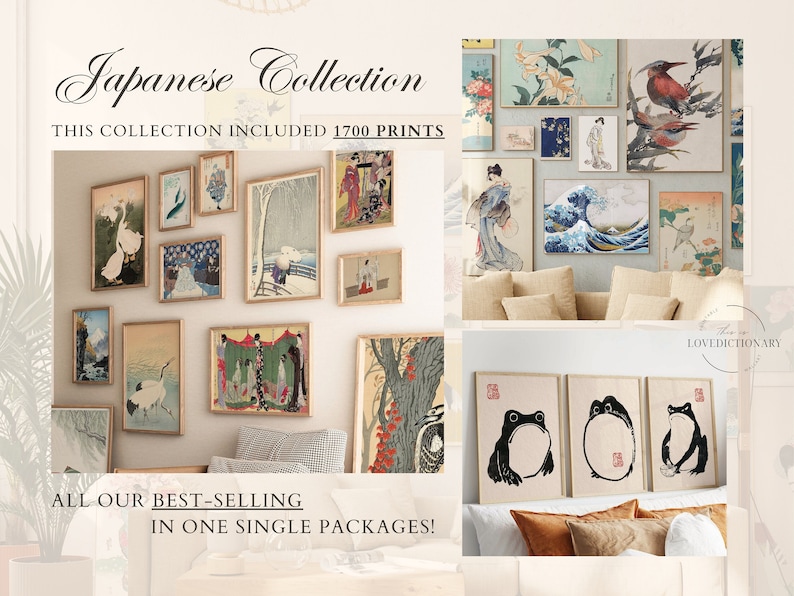 May include: A collection of framed Japanese art prints featuring various subjects, including landscapes, animals, and people. The prints are displayed on a white wall with a beige couch in the background. The text "Japanese Collection" and "This collection included 1700 prints" is visible at the top of the image. The text "All our best-selling in one single packages!" is visible at the bottom of the image.
