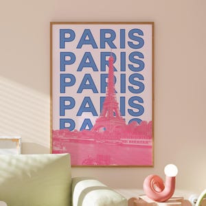 Preppy travel, Paris Travel Print | Digital Art Download | Pink Blue Paris Art | Trendy Travel Exhibition Print | Cute Retro Wall Arts