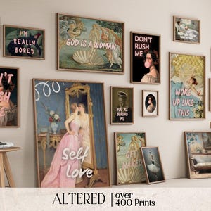 May include: A wall gallery featuring a variety of framed art prints with different colors, designs, and text. The prints include phrases like "God is a Woman", "Don't Rush Me", "You're Boring Me", and "Woke Up Like This".