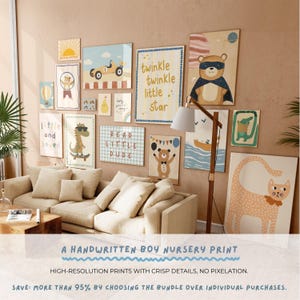 May include: A nursery wall art print set featuring a variety of illustrations, including a bear wearing a cape, a dinosaur riding a skateboard, a cat, and a boat on the water. The prints are in a variety of colors, including blue, yellow, orange, and green. The text "Read Little Dude" and "Twinkle Twinkle Little Star" are included in the prints.