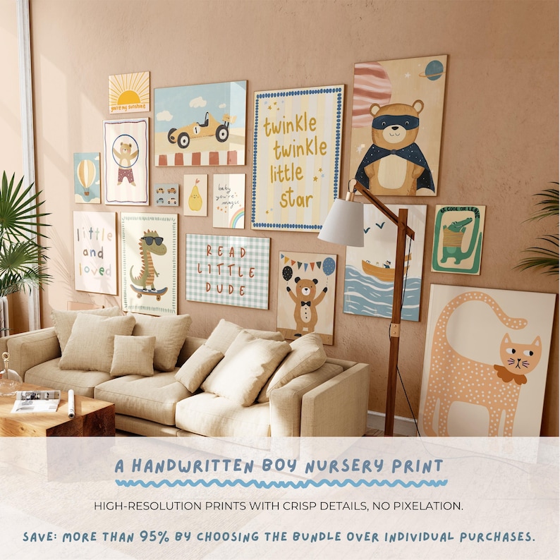 May include: A nursery wall art print set featuring a variety of illustrations, including a bear wearing a cape, a dinosaur riding a skateboard, a cat, and a boat on the water. The prints are in a variety of colors, including blue, yellow, orange, and green. The text "Read Little Dude" and "Twinkle Twinkle Little Star" are included in the prints.
