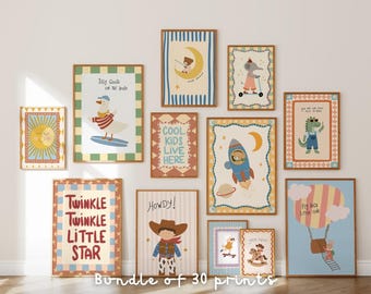 Whimsical Nursery Prints Bundle, Colorful Playful Kids Wall Art (Set of 30)