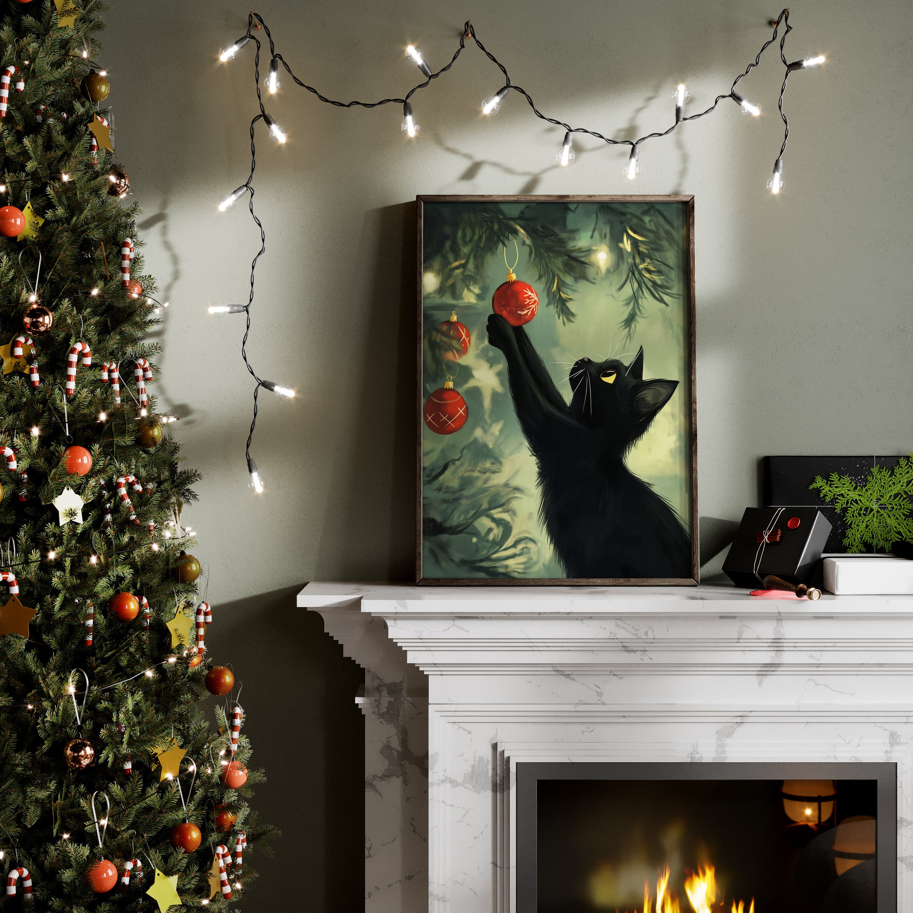 Decoración de pared navideña imprimible, pintura de gato de árbol de Navidad,  arte navideño rústico, decoración navideña imprimible, impresión navideña  vintage - Etsy México, image size:3000x3000
