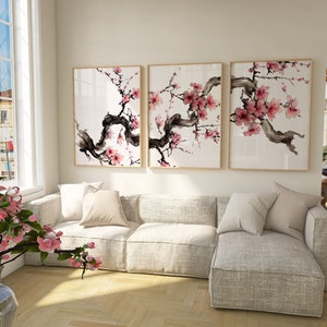Watercolor Cherry Blossom Triptych | Botanical Gallery Wall Art ...