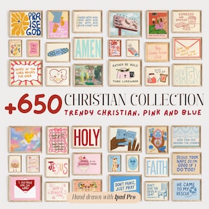 Puede incluir: Una colección de impresiones artísticas enmarcadas con temas cristianos. Las impresiones presentan varios diseños, incluyendo citas basadas en texto, ilustraciones y elementos gráficos en rosa, azul y otros colores. Se muestra el texto "+650 CHRISTIAN COLLECTION".
