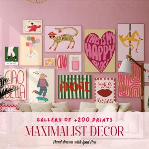 Maximalist Gallery Wall Set of 100, Maximalist Wall Art, Hand Drawing Maximalist Decor, Trendy Wall Art, College Room Decor, Preppy Poster