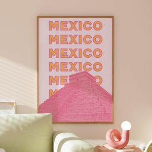 Mexico Travel Print | Digital Art Download | Pink Teocalli Mexico Art | Trendy Travel Exhibition Print | Cute Retro Wall Art