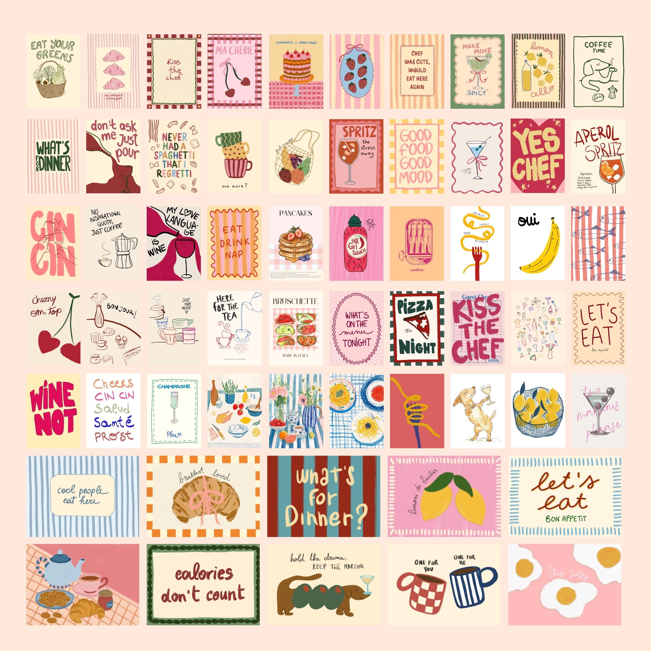 mega retro kitchen gallery wall art set of 90,... Kitchen Wall Art Bundle, 210 Retro Food Prints, Bar Cart Decor Set ...
