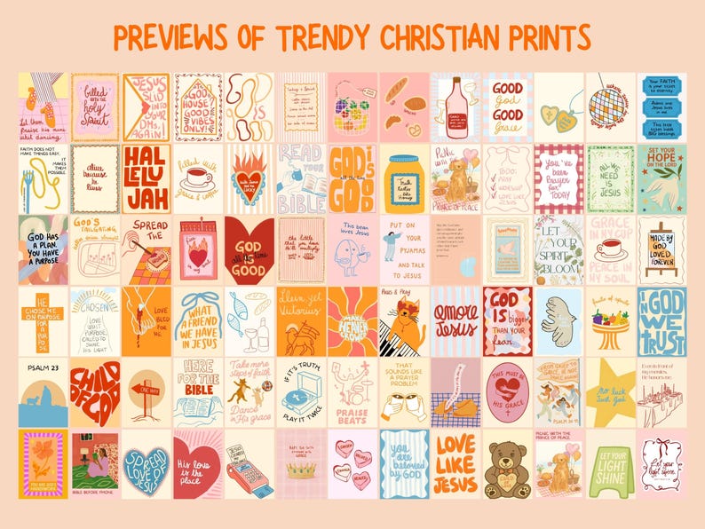 May include: A collection of colorful Christian art prints with various inspirational quotes and illustrations. The prints feature phrases like "God is Good," "Love Like Jesus," and "Praise Beats." The overall theme is faith and positivity.