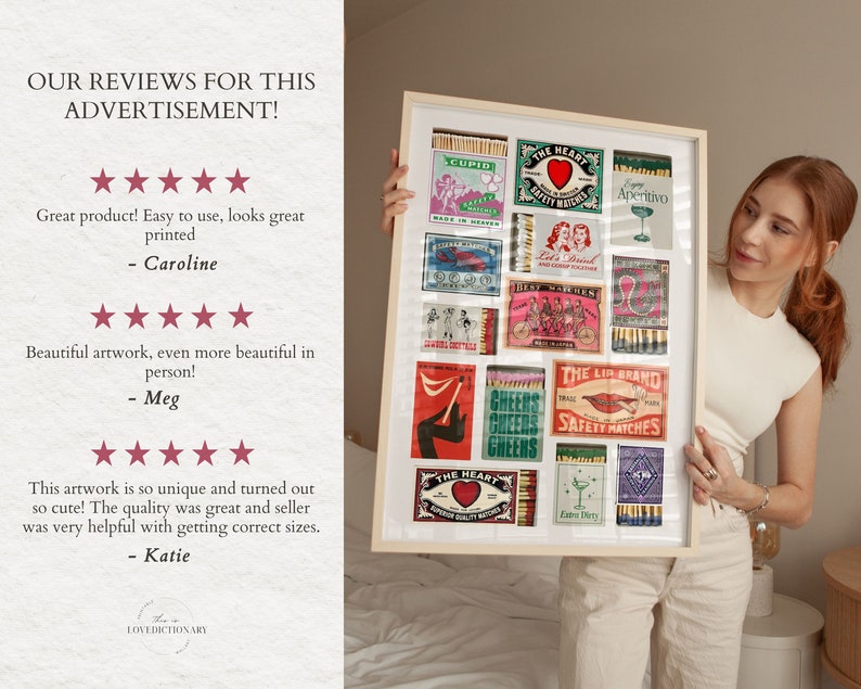 May include: A framed collage of vintage matchbox labels featuring colorful designs and text. The labels include images of hearts, lips, bicycles, and a martini glass. The frame is made of wood and has a white mat.