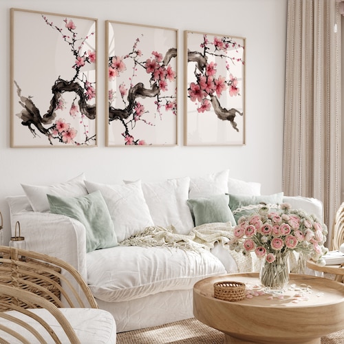 Watercolor Cherry Blossom Triptych | Botanical Gallery Wall Art