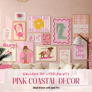 Ensemble mural rose BCBG de 130 impressions estivales tendance pour chambre de fille, ensemble d'affiches de plage esthétiques, décoration dessinée à la main pour iPad, art mural plage
